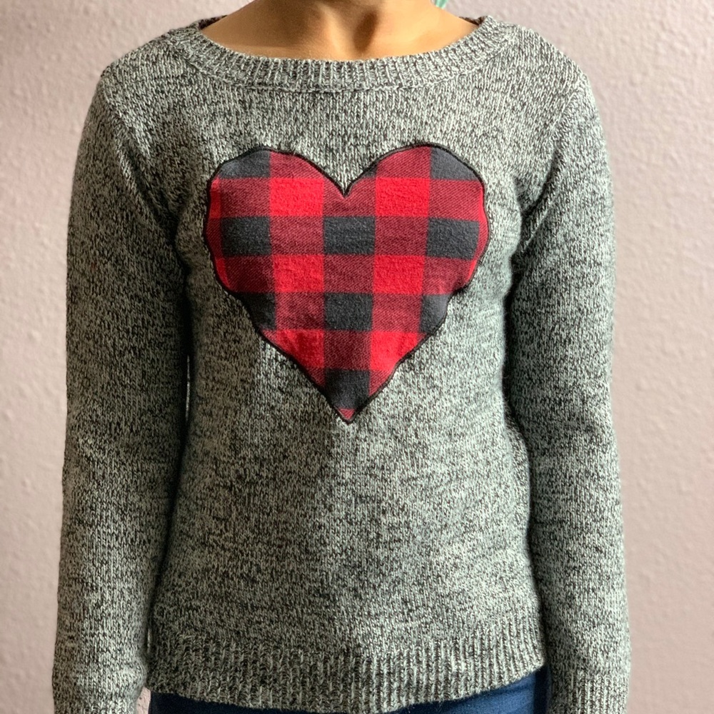 BLUSH knitted black and grey sweater with red plaid heart, big kids 12